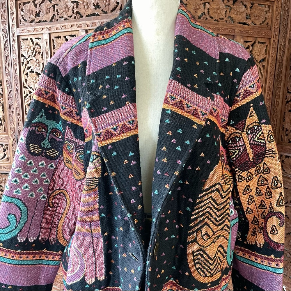 Original Vintage Laurel Burch Silverado Boho Cat Tapestry Blanket Knit Jacket - Picture 3 of 12